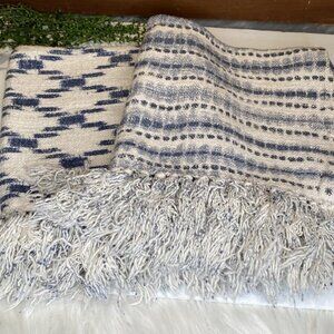 Set of 2 Zippered Fringe Pillow Shams Blue White Geometric Cotton Made in India